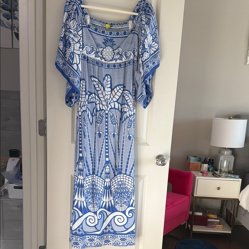 NWOT FARM Rio Blue and White Patterned Women's Dress